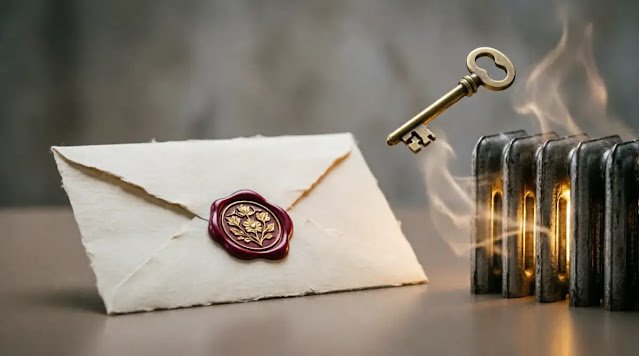Envelope with red wax seal, levitating brass key, radiator golden waves (AI-generated illustration)