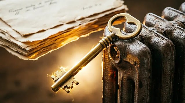 Brass key integrated with radiator, golden light, stacked letters background (AI-generated illustration)