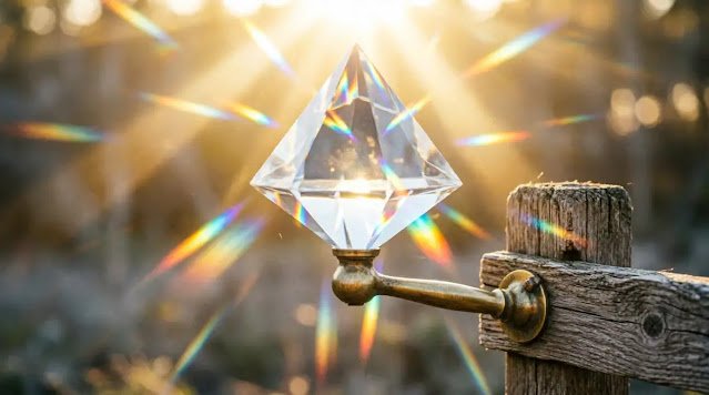 Crystal prism mounted on brass handle attached to wooden fence post, golden sunburst (AI-generated illustration)
