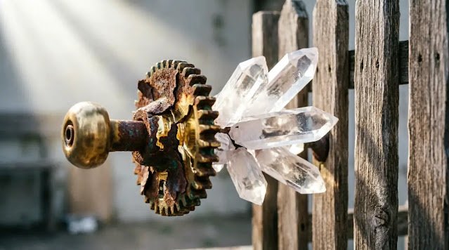 Rusty gear mechanism with crystal shards, wooden fence slats, sunlight beam (AI-generated illustration)