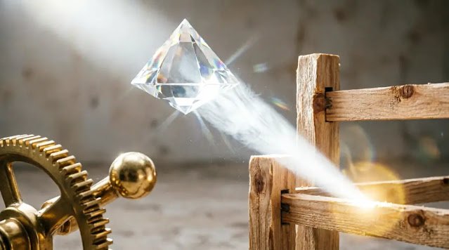 Floating crystal prism, solid light beam hitting wooden fence, brass gear mechanism (AI-generated illustration)