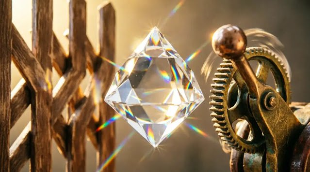 Glowing crystal prism, wooden lattice fence, brass gear mechanism with motion blur (AI-generated illustration)