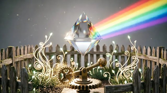 Crystal prism rainbow beam, glowing plants inside wooden fence, brass gear with sparks (AI-generated illustration)