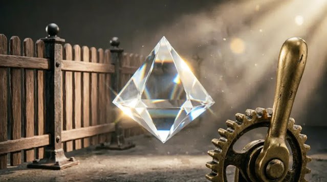 Floating crystal prism, complete wooden fence enclosure, brass gear mechanism, golden light (AI-generated illustration)