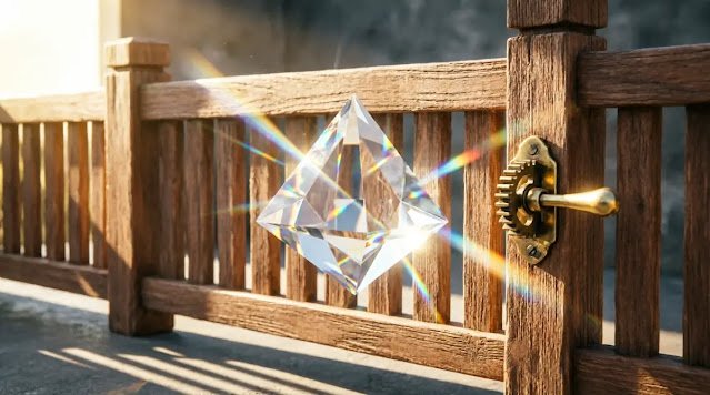 Crystal prism floating near wooden fence with brass gear handle, golden sunlight (AI-generated illustration)