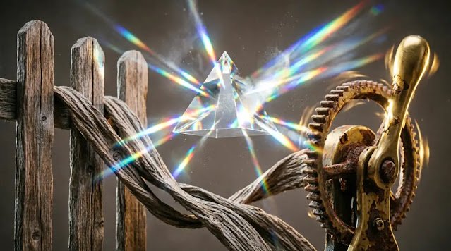 Crystal prism refracting rainbow light, twisting wooden fence, spinning rusty gear (AI-generated illustration)