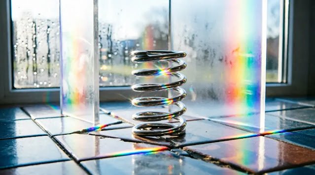 Fragmented tiles with rainbow barriers, twisting spring, window with rainbow refraction walls (AI-generated illustration)