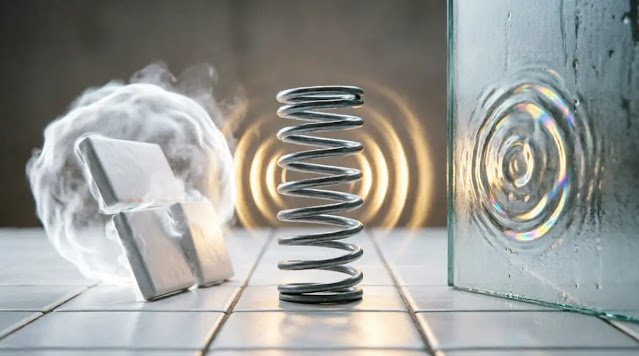 Pushing tiles with repulsion waves, tension spring with pressure waves, window with condensation ripples (AI-generated illustration)
