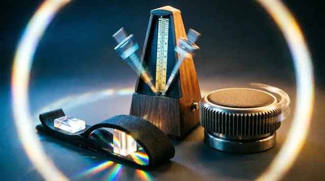 Tempo-changing metronome light trails, shifting gear knob, infinite rubber band stretch with prismatic solid light (AI-generated illustration)