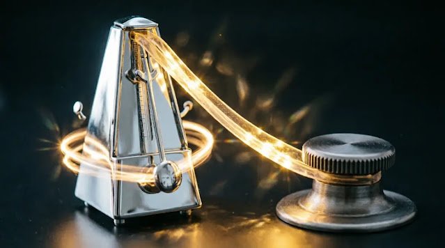 Frozen metronome pendulum with light trails, smooth frictionless gear knob, solid glowing light bridge rubber band, warm internal glow (AI-generated illustration)