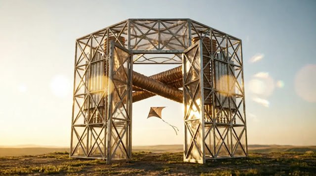 Unified freedom field, open lattice shelter, integrated bellows, free kite, golden bloom (AI-generated illustration)