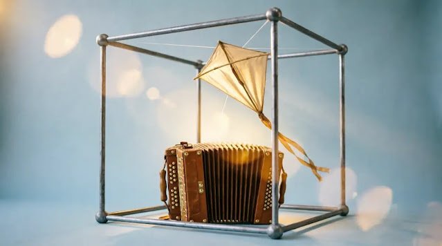 Protected lattice cube space, guarding accordion bellows, hovering kite, warm bloom (AI-generated illustration)