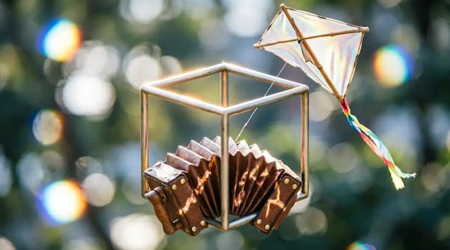 Glowing lattice cube edges, expanding accordion bellows, lifting kite, soft volumetric light (AI-generated illustration)