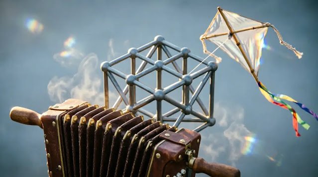 Rigid lattice cube, pushing accordion bellows, waiting kite, golden rim light (AI-generated illustration)