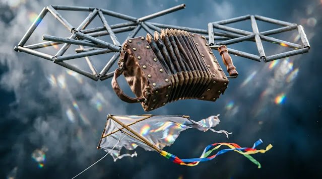 Scattered lattice bars, loose accordion bellows, drifting kite, chaotic anamorphic light (AI-generated illustration)