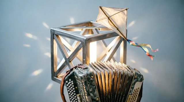 Rhythmic lattice cube gaps, expanding accordion bellows, gliding kite, warm internal glow (AI-generated illustration)
