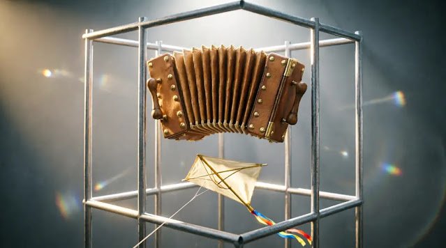 Aligned lattice cube, rhythmic accordion bellows, path-gliding kite, stable glow (AI-generated illustration)