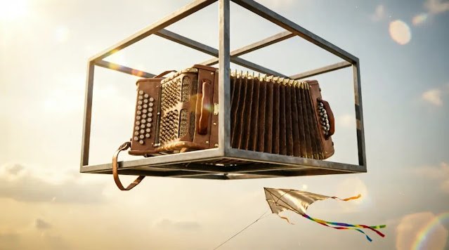 Airy lattice shelter, flowing accordion bellows, soaring kite, golden clarity light (AI-generated illustration)