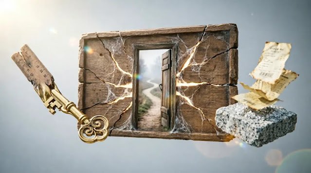 Transforming menu door, ruler key, receipt stone, stable glow (AI-generated illustration)