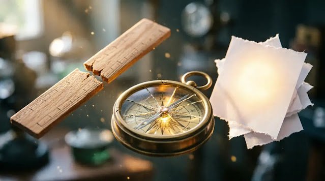 healing compass cracked glass, reassembling ruler fragments, merging blank papers glowing sheet, golden glow(AI-generated illustration)