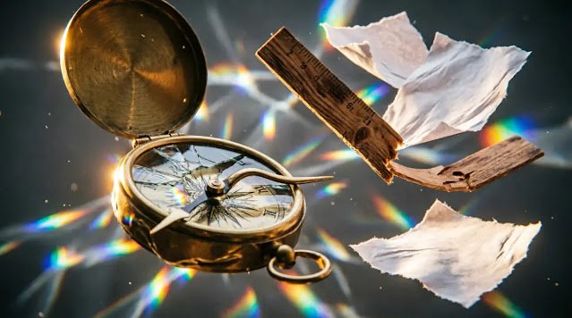 Low angle warping liquid compass, bending ruler fragments, morphing blank papers, dramatic rim light (AI-generated illustration)