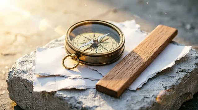 compass tool, accurate ruler stick, blank paper stone foundation, golden clarity light(AI-generated illustration)