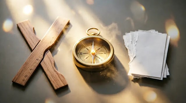 Overhead healed compass perfect alignment, aligned ruler stick, neat blank paper stack, warm bloom light (AI-generated illustration)