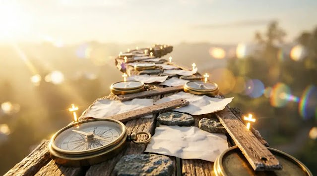 wide unified path field, compass ruler fragments paper stepping stones, golden omnidirectional bloom (AI-generated illustration)
