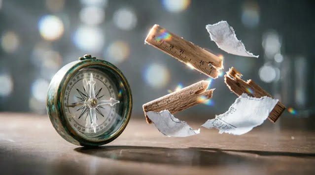 Side view translucent compass, ghost-like ruler fragments, invisible papers outlines, soft volumetric light (AI-generated illustration)