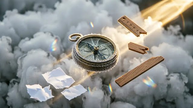 Through fog frozen compass needle, suspended ruler fragments mid-air, frozen papers, golden rim light (AI-generated illustration)