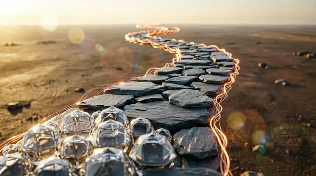 Unified path field, glass orb, slate fragments, glowing filament, golden bloom (AI-generated illustration)