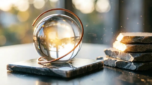 Clear orb on slate, glowing filament loop, stacked slate layers, warm bloom light (AI-generated illustration)