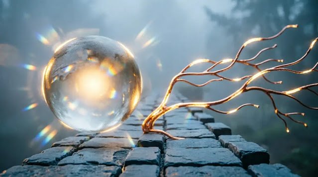 Glowing orb in fog, multiplying slate path, branching filament lines, golden rim light (AI-generated illustration)