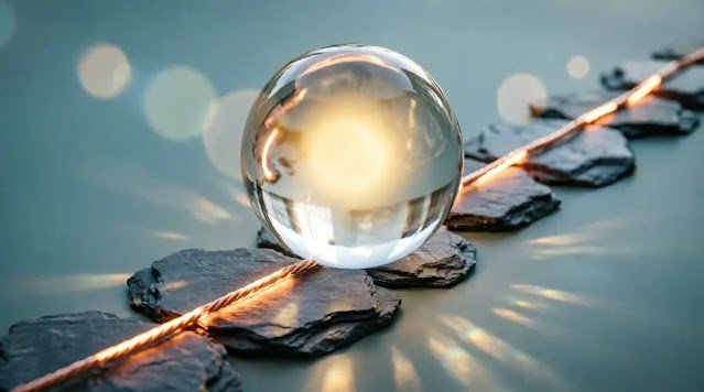 Clear glowing orb, straight slate path, glowing filament line, warm internal light (AI-generated illustration)