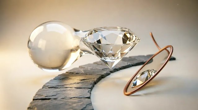 Morphing glass diamond, curving slate path, reflective filament arc, stable warm glow (AI-generated illustration)
