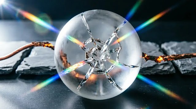 Clear glass orb healing cracks, aligning slate, weaving copper filament, dramatic rim light (AI-generated illustration)