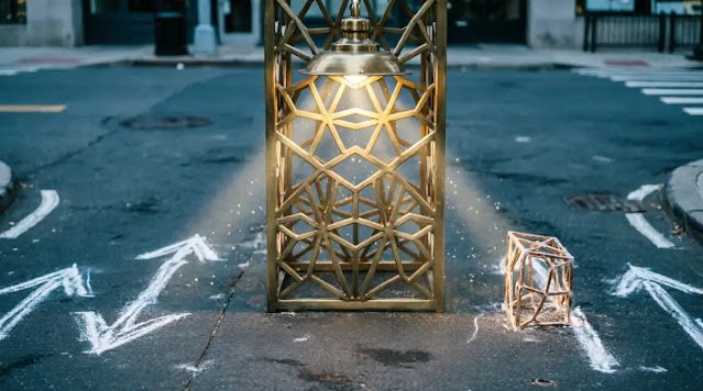 Worn threshold path, light-casting shadows, legacy lattice structure, radiant golden bloom (AI-generated illustration)