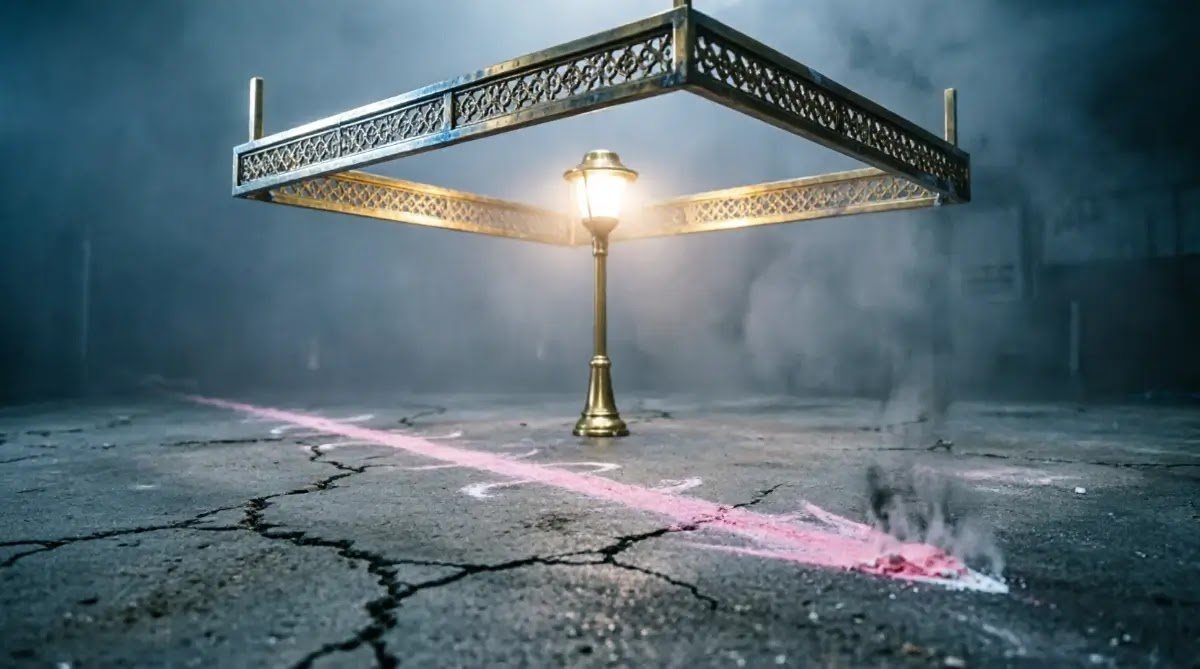 Faint chalk extending, fragile lattice, weak brass lamp, cool volumetric light (AI-generated illustration)