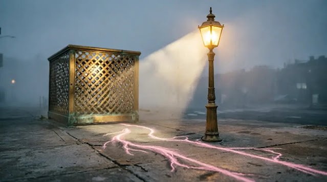 Connecting chalk arrow, light-solidifying lattice, expanding brass lamp, cool rim light (AI-generated illustration)