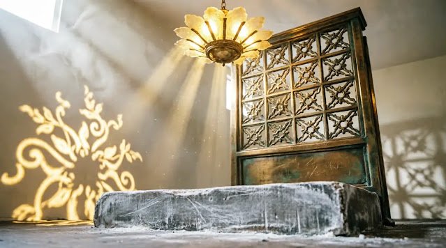 Worn chalk path, self-illuminating lattice nodes, warm brass lamp, evidence-casting light (AI-generated illustration)