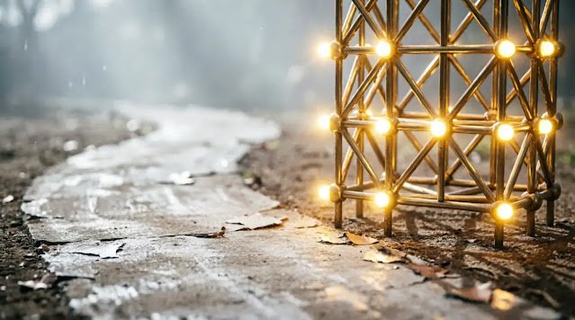 Directional chalk path, light-bending lattice, focused brass lamp, cool atmospheric rays (AI-generated illustration)