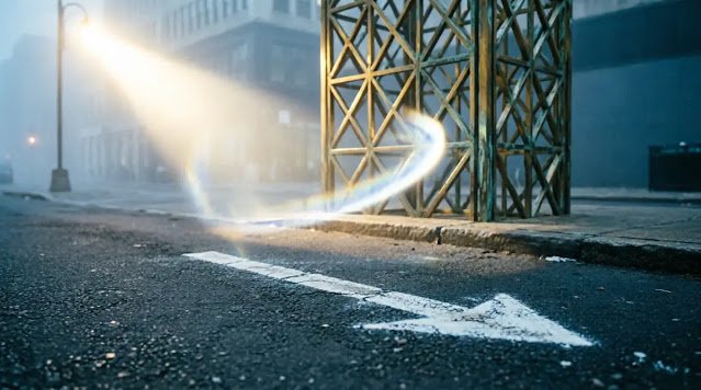 Worn chalk threshold, pre-appearing lattice nodes, radiant brass lamp, golden volumetric rays (AI-generated illustration)