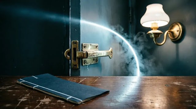 Folded anchored ink slip, open door latch, bending light beam, cool directional light (AI-generated illustration)