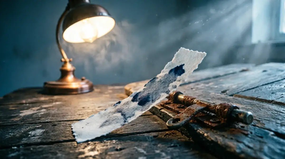 Heavy faded ink slip, jammed rusty door latch, flickering warm lamp, cool oppressive light (AI-generated illustration)