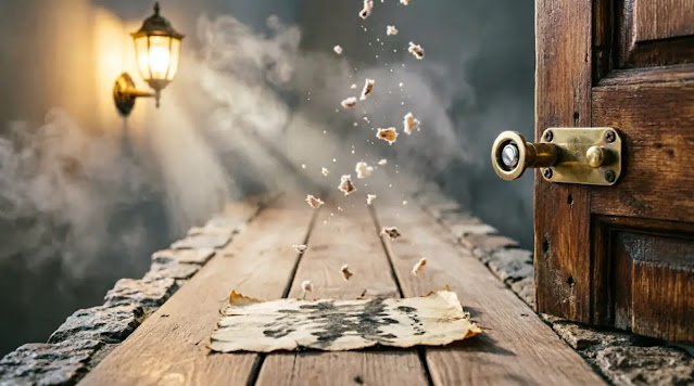 Anchored surviving ink slip, open clear latch, upward floating particles, warming lamp glow (AI-generated illustration)