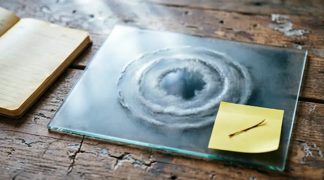 Clearing dashboard screen with circular fog pattern, focused sticky note, prepared notebook margin, cool gradient light (AI-generated illustration)