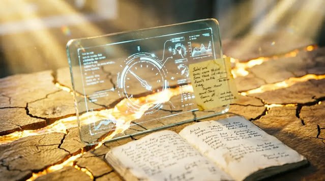 Legacy dashboard screen with light-filled wood cracks, written legacy note, filled legacy margin, golden bloom light(AI-generated illustration)