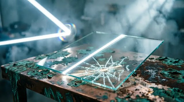 Focused glass code canvas, fractured light reflection, bending cursor beam, cool directional volumetric light (AI-generated illustration)