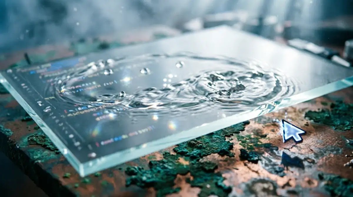 Rippling glass code canvas, scattered light reflections, flickering cursor, cool chaotic volumetric light (AI-generated illustration)