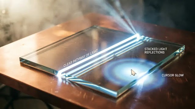 Stable glass code canvas, stacked light reflections, extended cursor glow radius, warming volumetric light (AI-generated illustration)